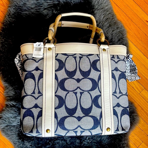 NWT Coach Resort Denim Signature +Parchment Leather Tote Weekend Carry-on 10600 - Picture 7 of 14